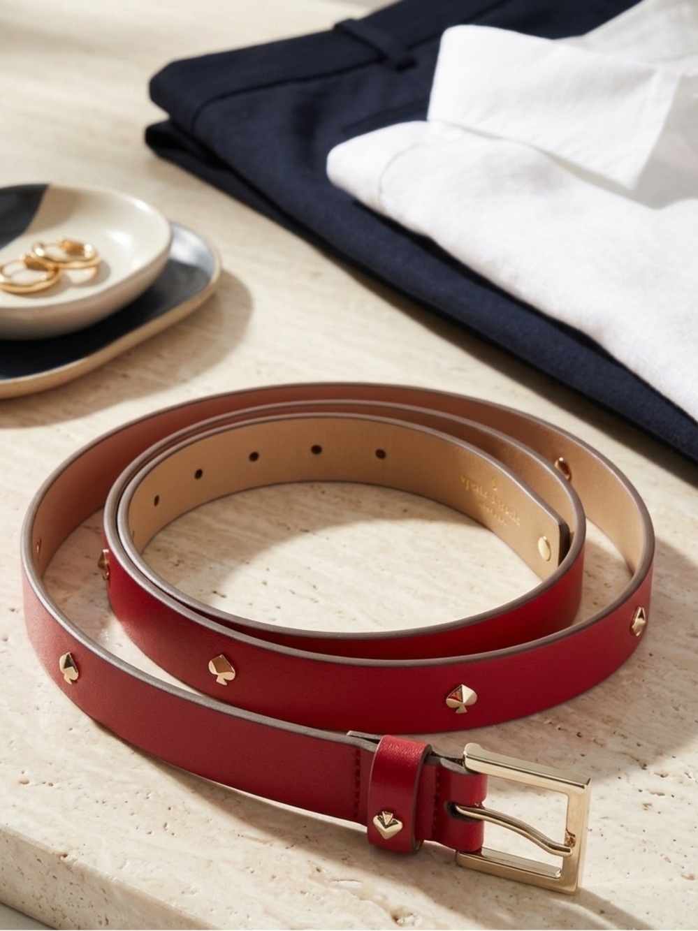 Kate Spade Women’s Red Leather  Gold Toned Square Buckle Heart Shaped Rivets - L